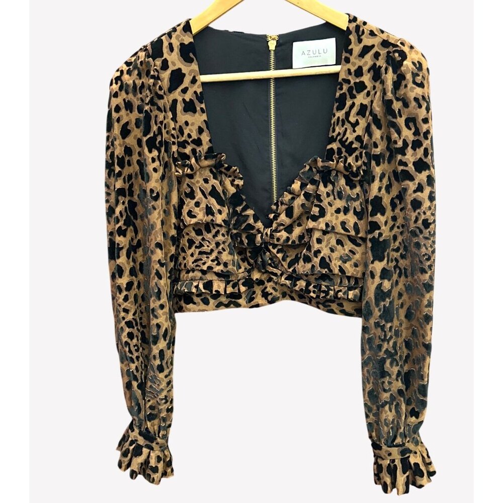 Azulu Colombia Leopard Print Sheer Sleeve Sweetheart Neckline Ruffle Trim Luxe